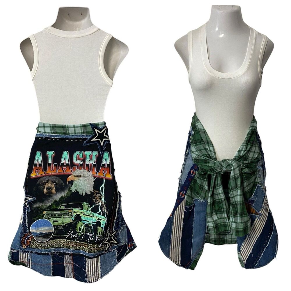 Upcycled Flannel Shirt Shacket Womens Large Alaska Grunge Patchwork Folk Art - Picture 13 of 16